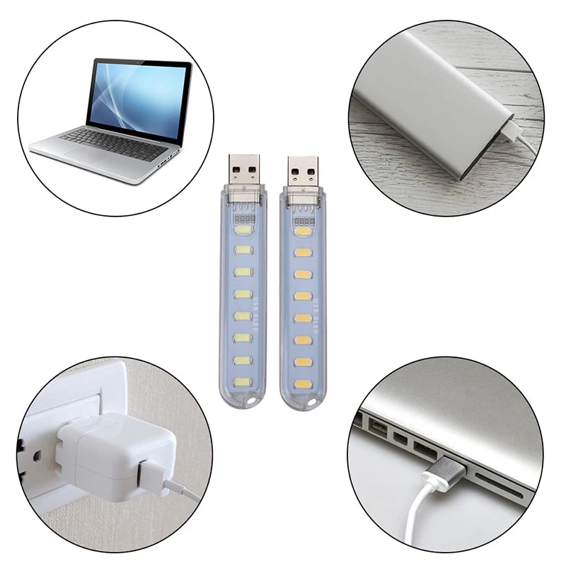 Collage of USB night lights, laptop, power adapter, and computer ports on a white background.