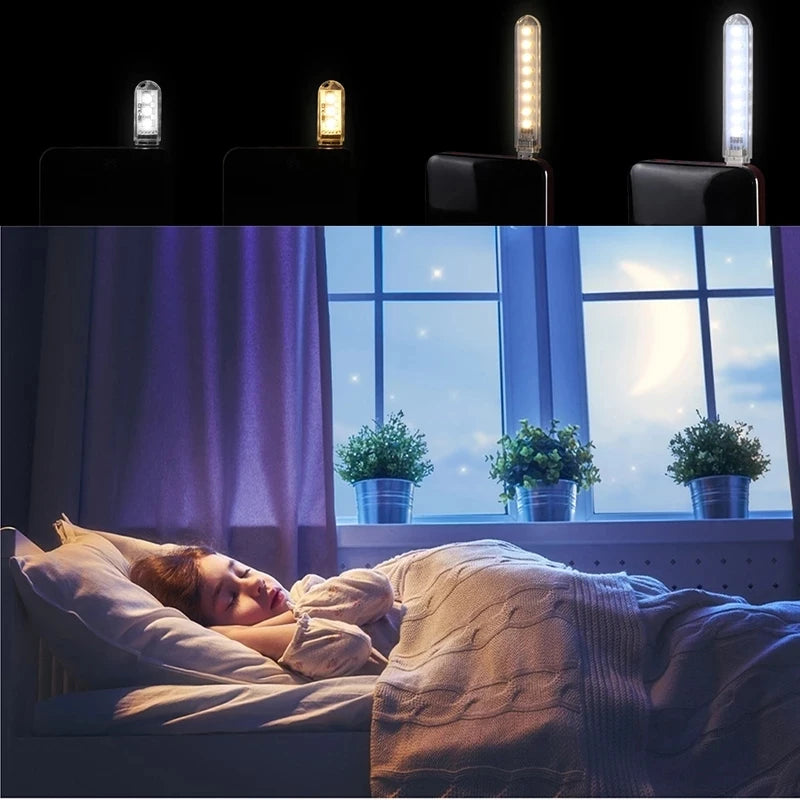 Person lying in bed with night lights on a black background