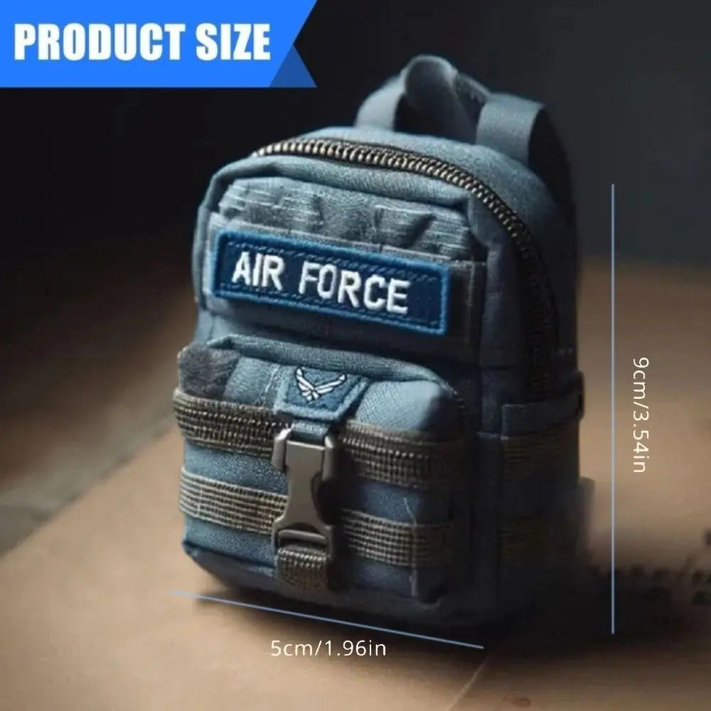 Small blue backpack with 'Air Force' patch on a dark background