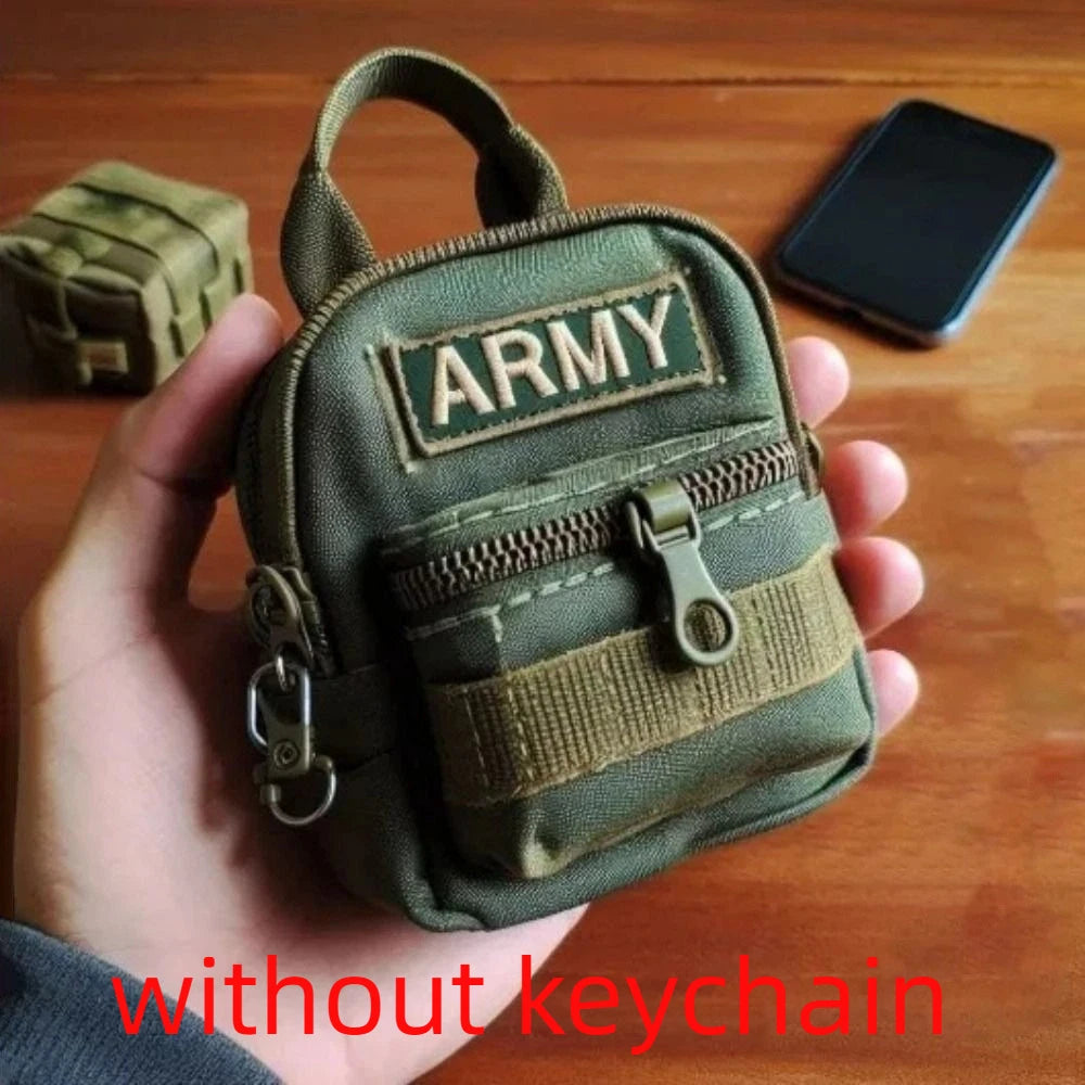 Small green army-style pouch held in a hand on a wooden surface.