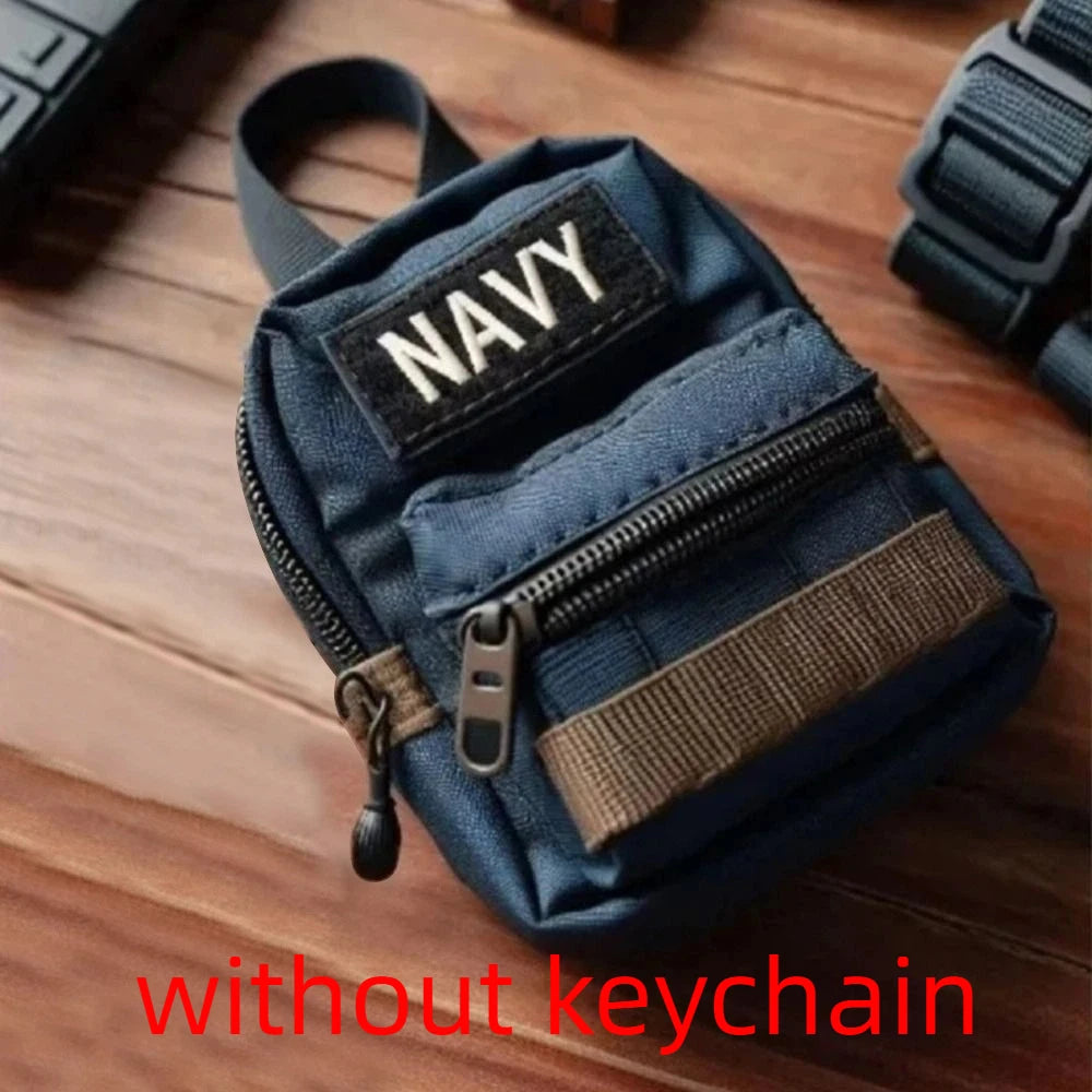 Blue pouch with 'NAVY' patch on a wooden surface, without keychain.