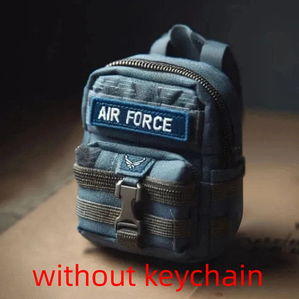 Blue pouch with 'Air Force' patch on a wooden surface