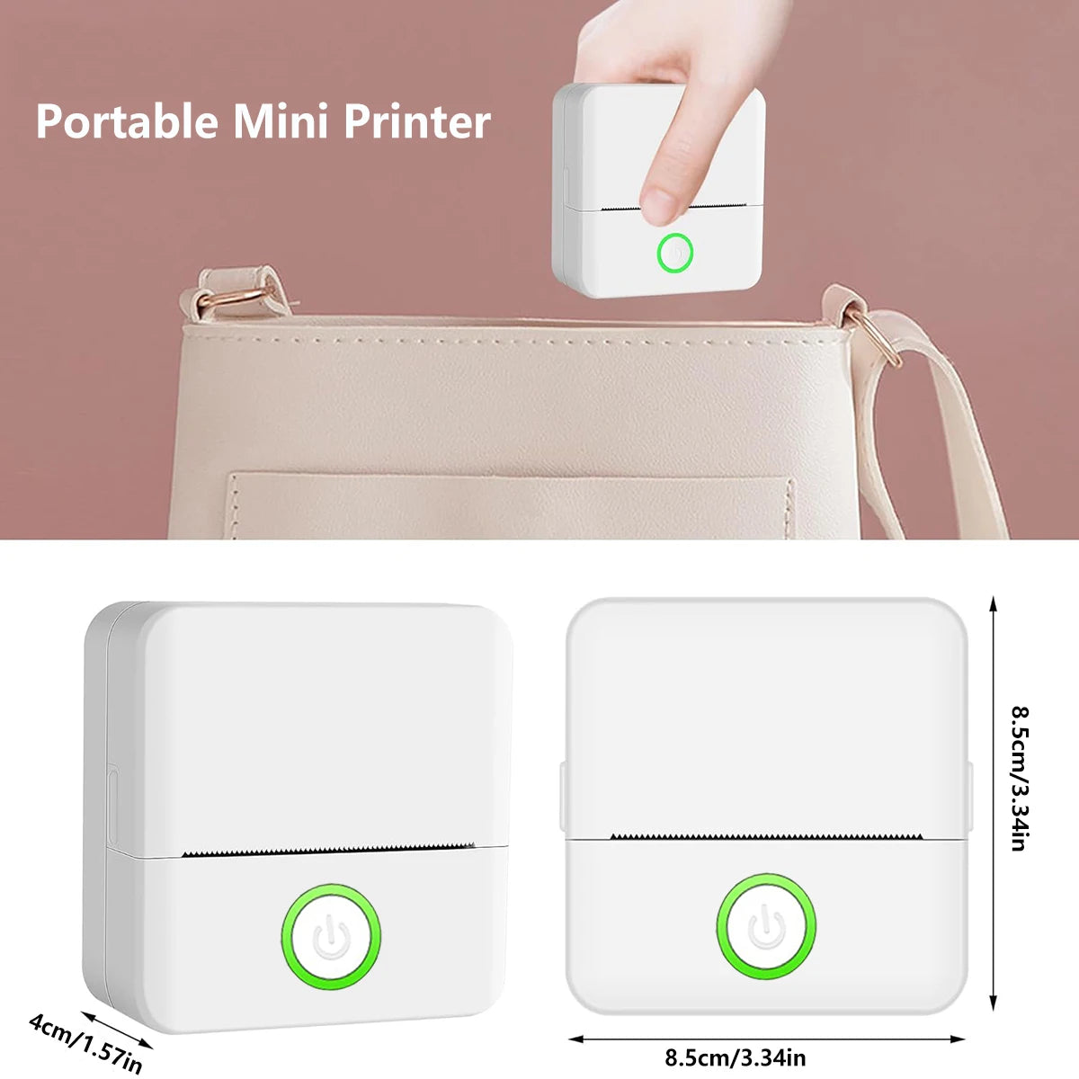 Portable mini printer with dimensions and a hand holding it above a beige bag.