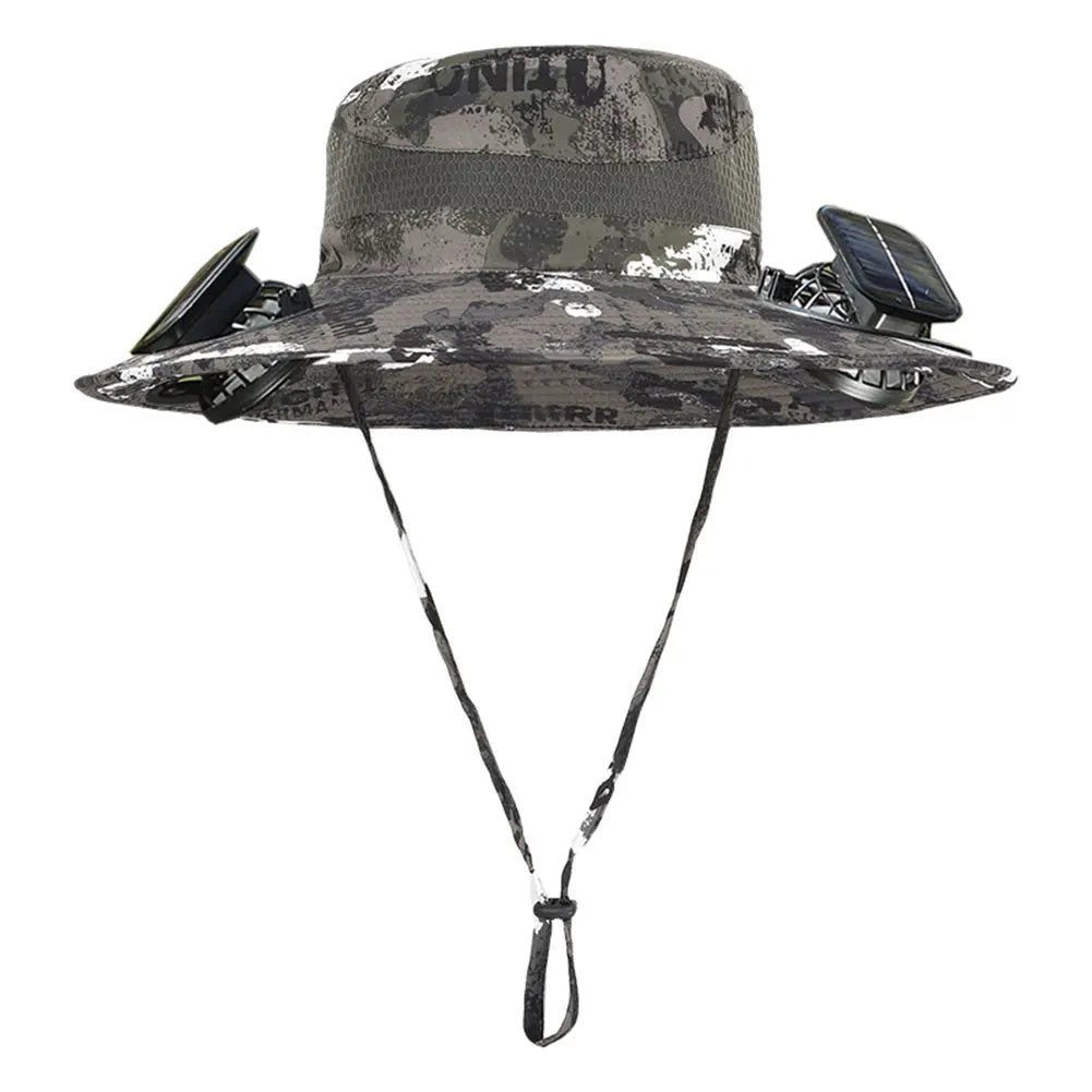 Camouflage sun hat with solar panels on a white background