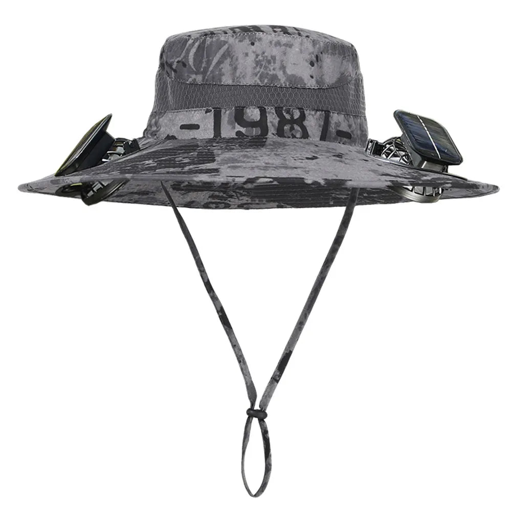 Camouflage bucket hat with solar panels on a white background