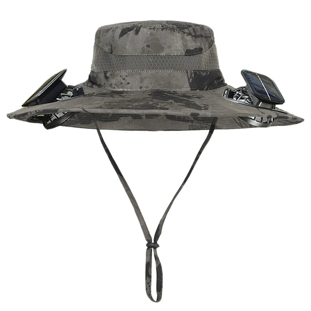 Camouflage bucket hat with solar panels on a white background