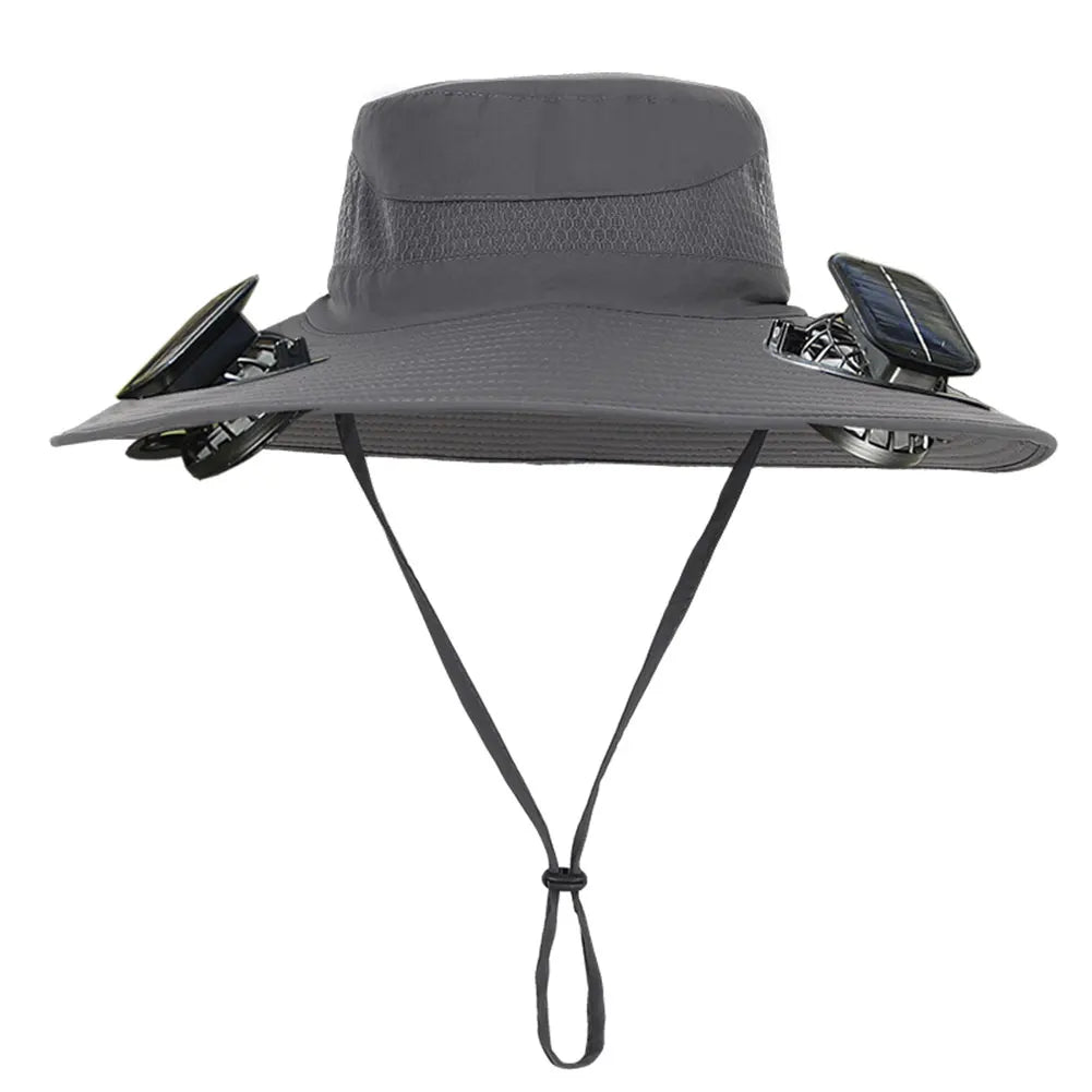 Gray wide-brimmed hat with sunglasses attached on a white background