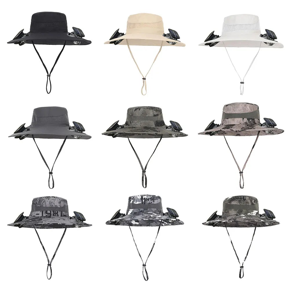 Set of eight different hats with camouflage patterns on a white background
