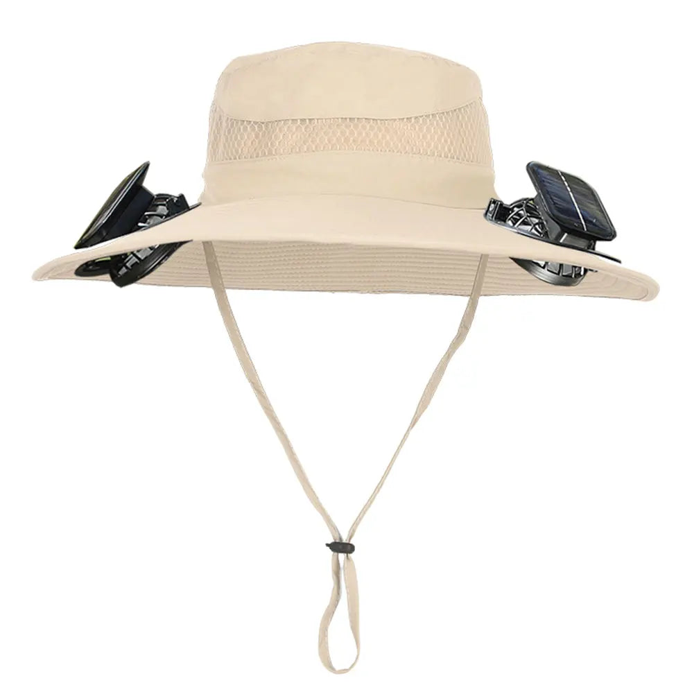 Beige sun hat with a wide brim and sunglasses attached on a white background