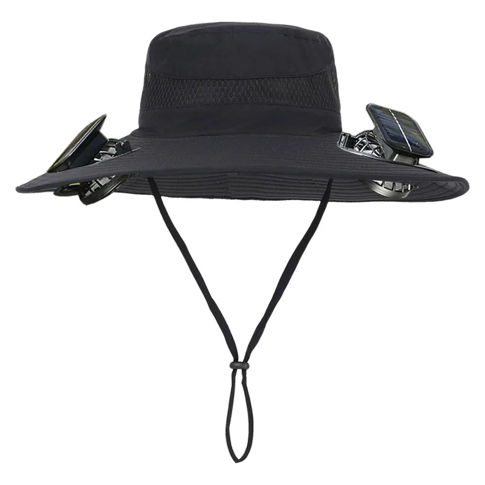 Black sun hat with attached solar panel and phone holder on a white background