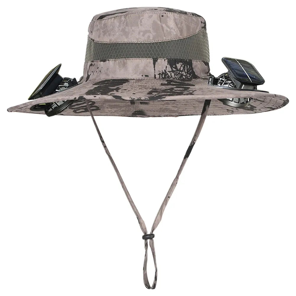 Camouflage sun hat with solar panel on a white background