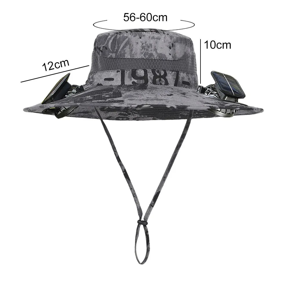 Camouflage fishing fan hat with measurement labels on a white background