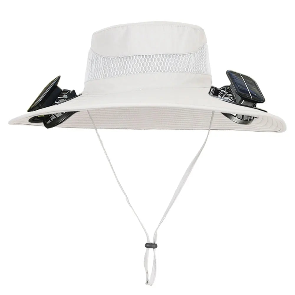 White sun hat with black sunglasses attached on a white background