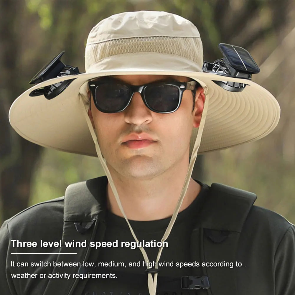 Man wearing a wide-brimmed hat with sun protection features and sunglasses, set against a blurred natural background.