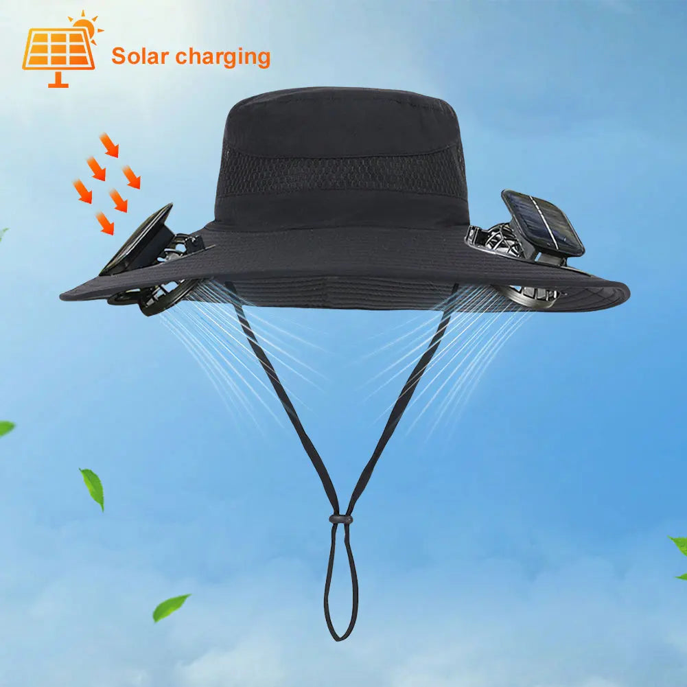 Black sun hat with solar panels on a blue sky background