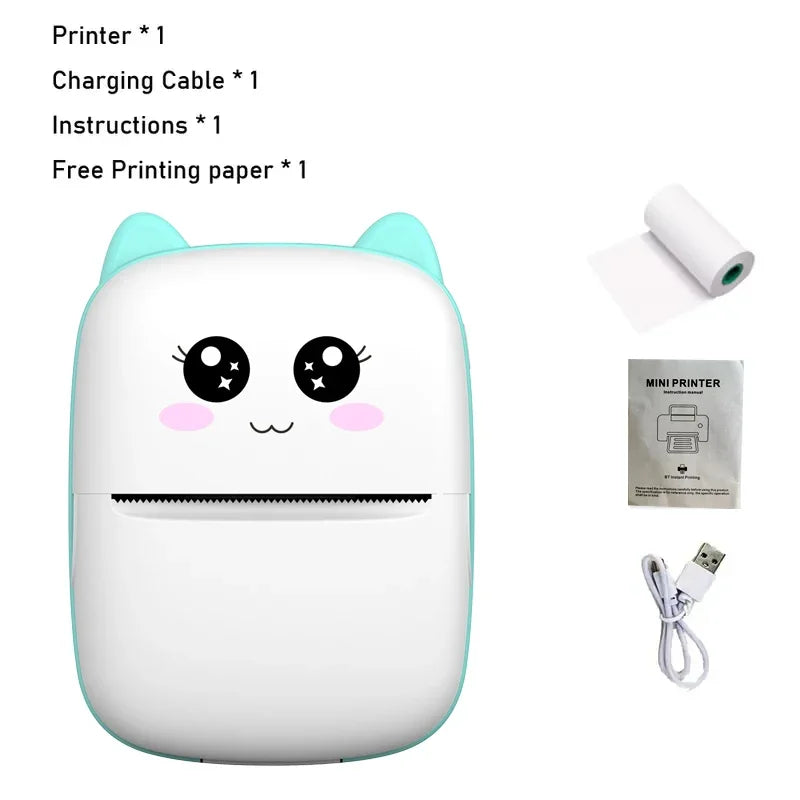 Mini printer with charging cable, instructions, and free printing paper on a white background