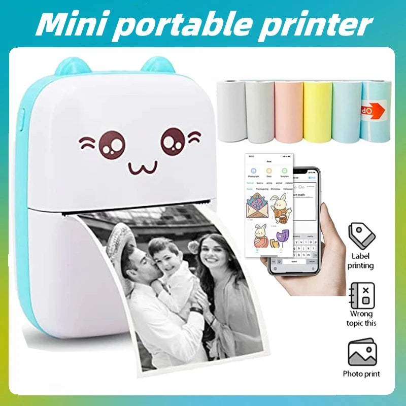 Mini portable printer with cute cat design, photo printing capability, and smartphone app interface.
