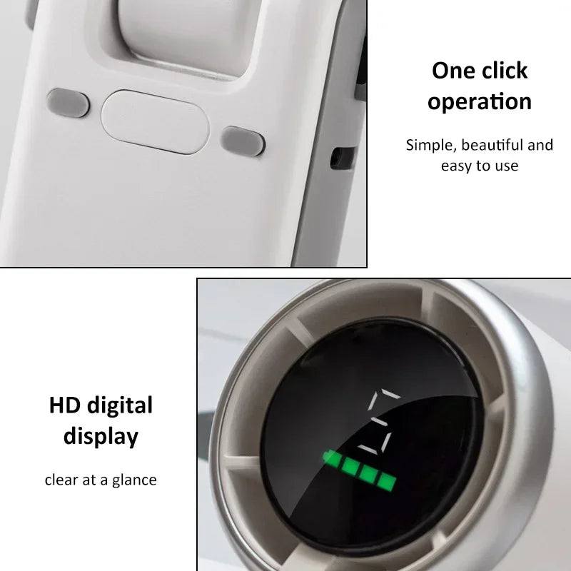 Close-up of a hand fan mister air vent with digital display and control buttons.
