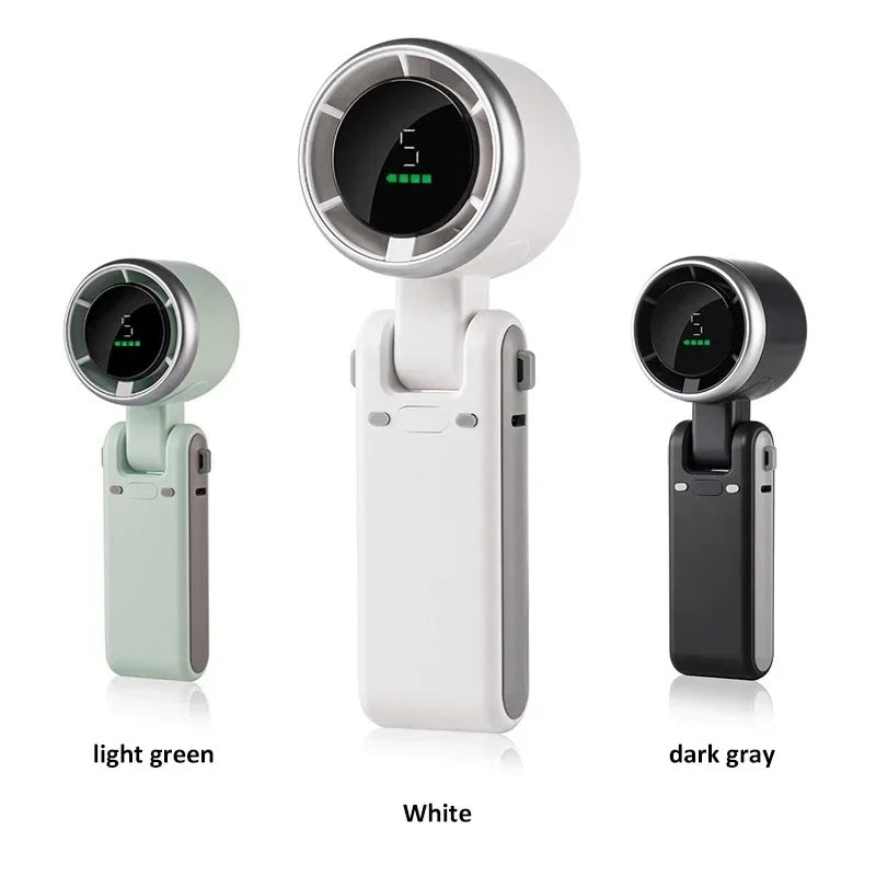 Three models of a handheld fans in light green, white, and dark gray on a white background.