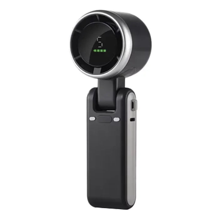 Black handheld fan mister with a screen on a white background