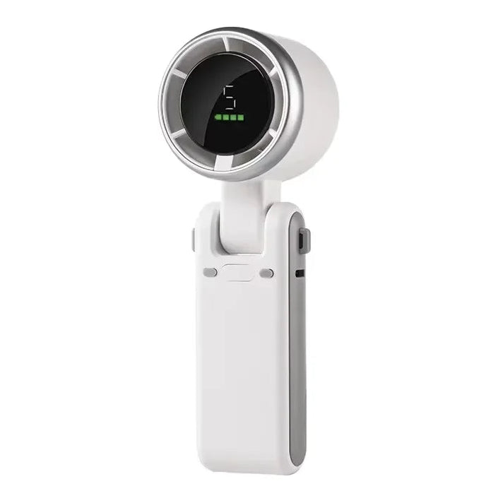 White electronic mister handheld fan with a circular turbine on a white background