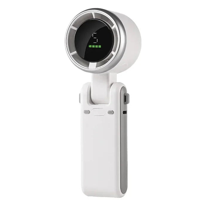White electronic 5-speed turbine hand fan and mister with a circular blower on a white background