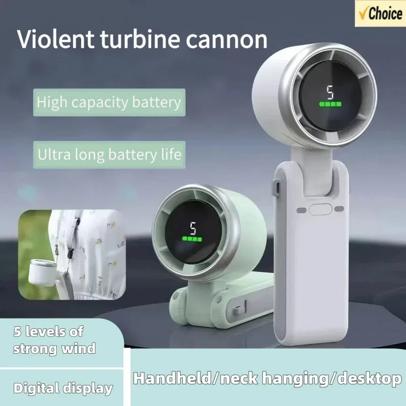 Handheld turbine cannon with digital display and features listed on a gray background