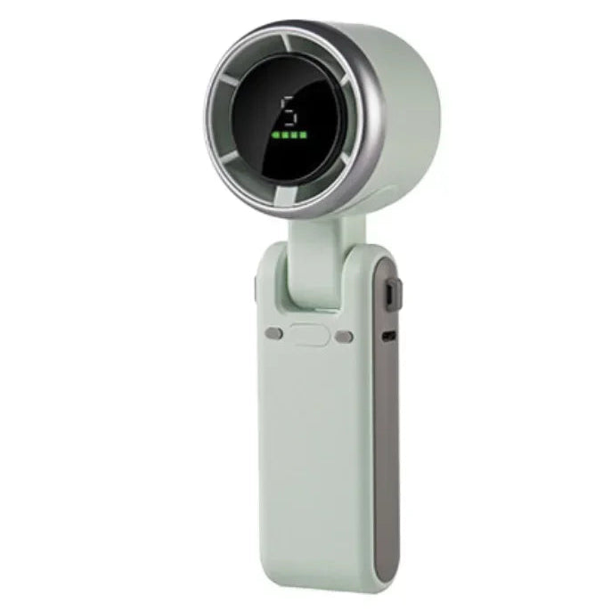 Portable hand fan with mister and foldable body, with an HD digital screen on a white background