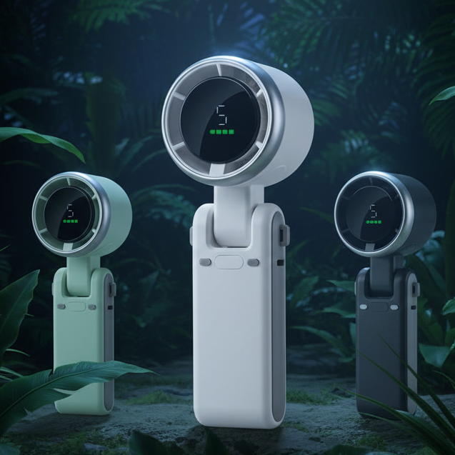 Three models of a handheld fans in light green, white, and dark gray on a nocturnal jungle background.