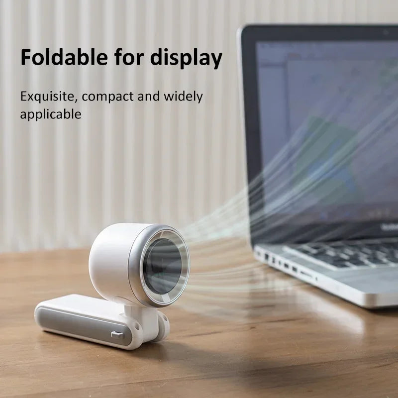 Foldable device projecting onto a laptop screen with text 'Foldable for display' and 'Exquisite, compact and widely applicable'.