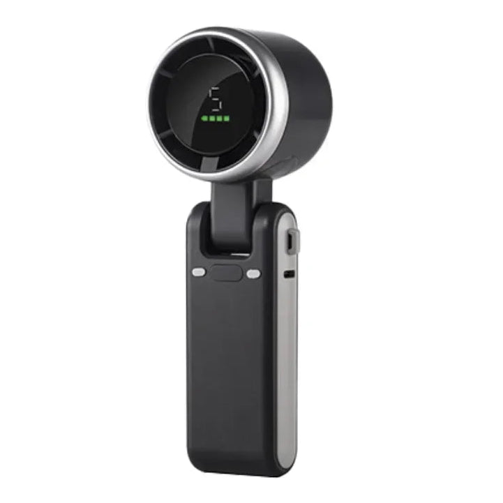 Black digital handheld fan mister with a screen on a white background