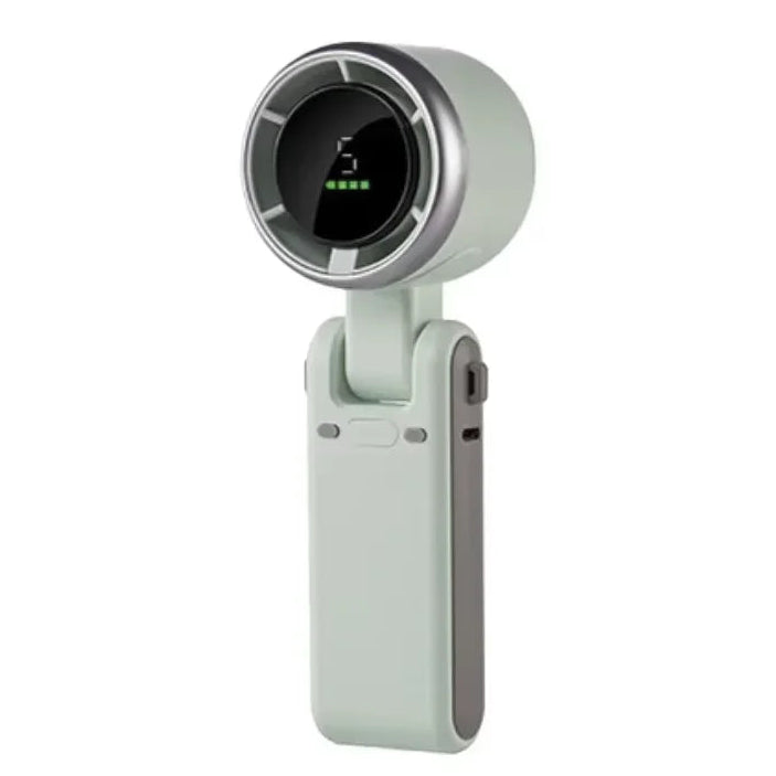 Portable white hand fan mister with a screen on a white background