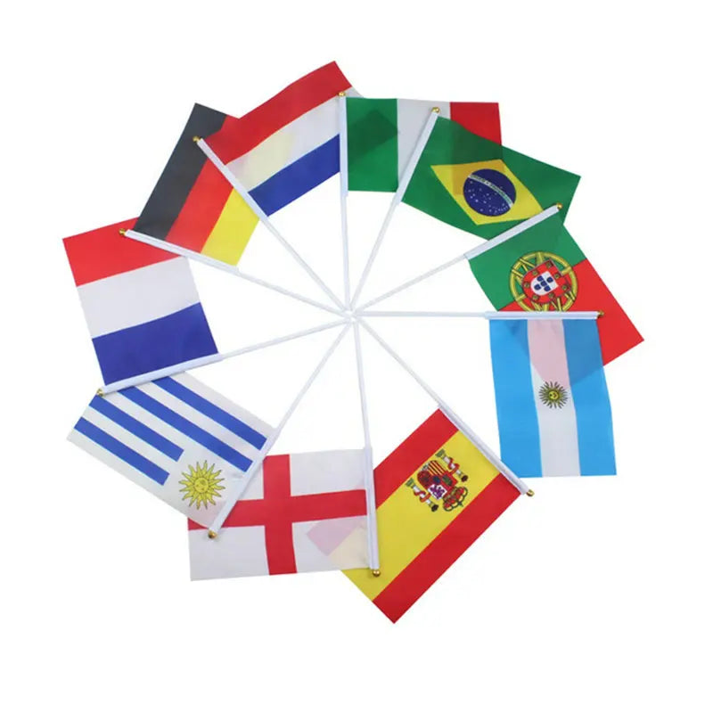 Circular arrangement of various national flags on a white background