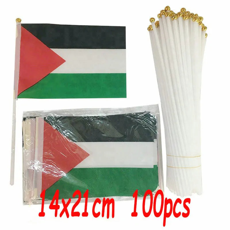 Small Palestinian flags with sticks, packaging, and quantity information on a white background.