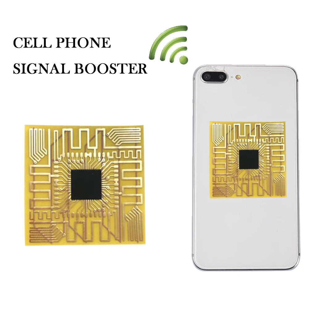 Cell phone signal booster with a smartphone and circuit board design on a white background
