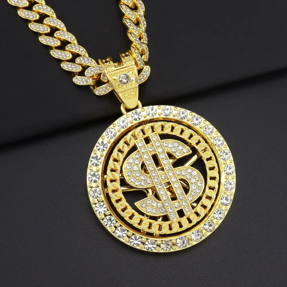 Gold necklace with a dollar sign pendant on a black background