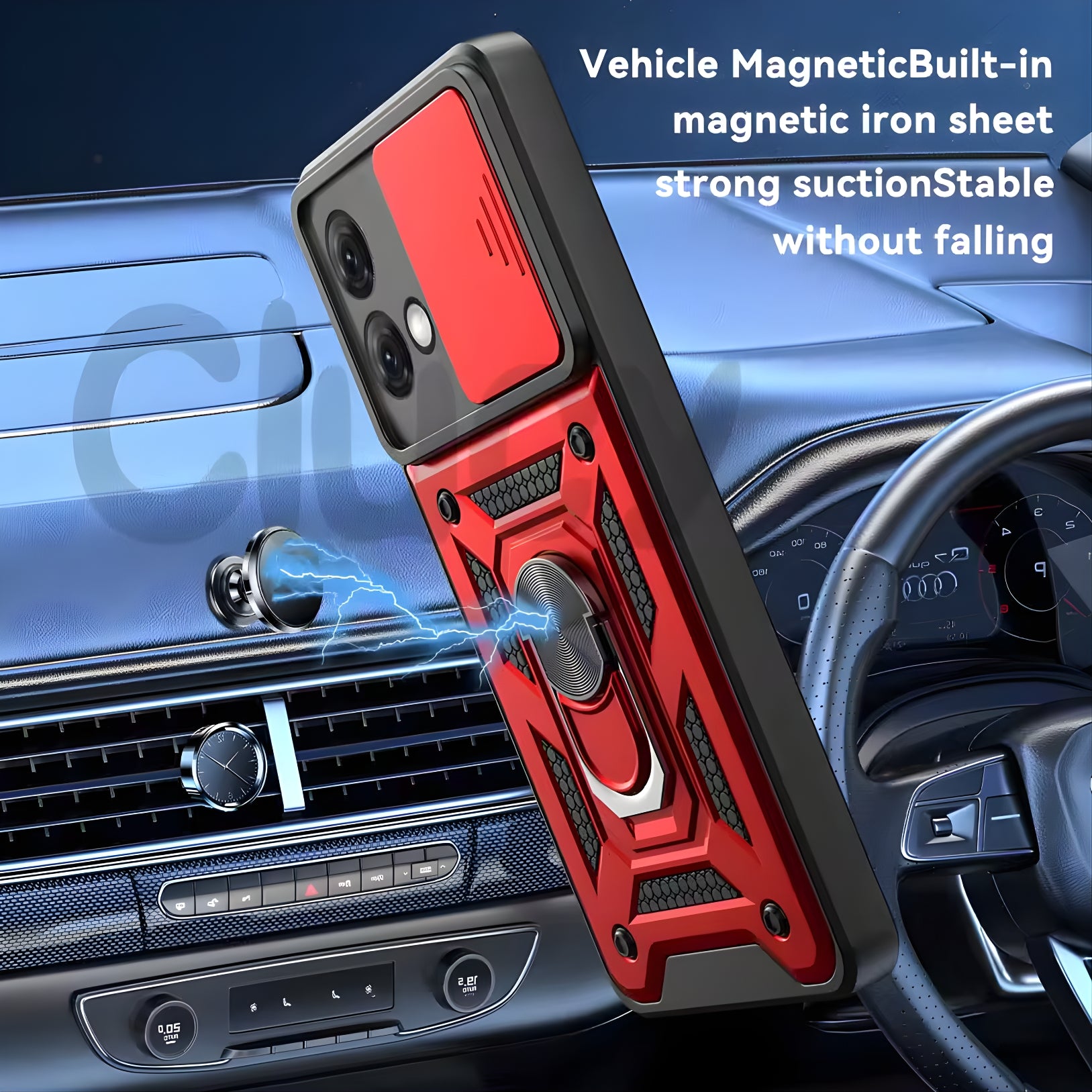 Red and black motorola durable phone holder case with magnetic iron sheet on a car dashboard