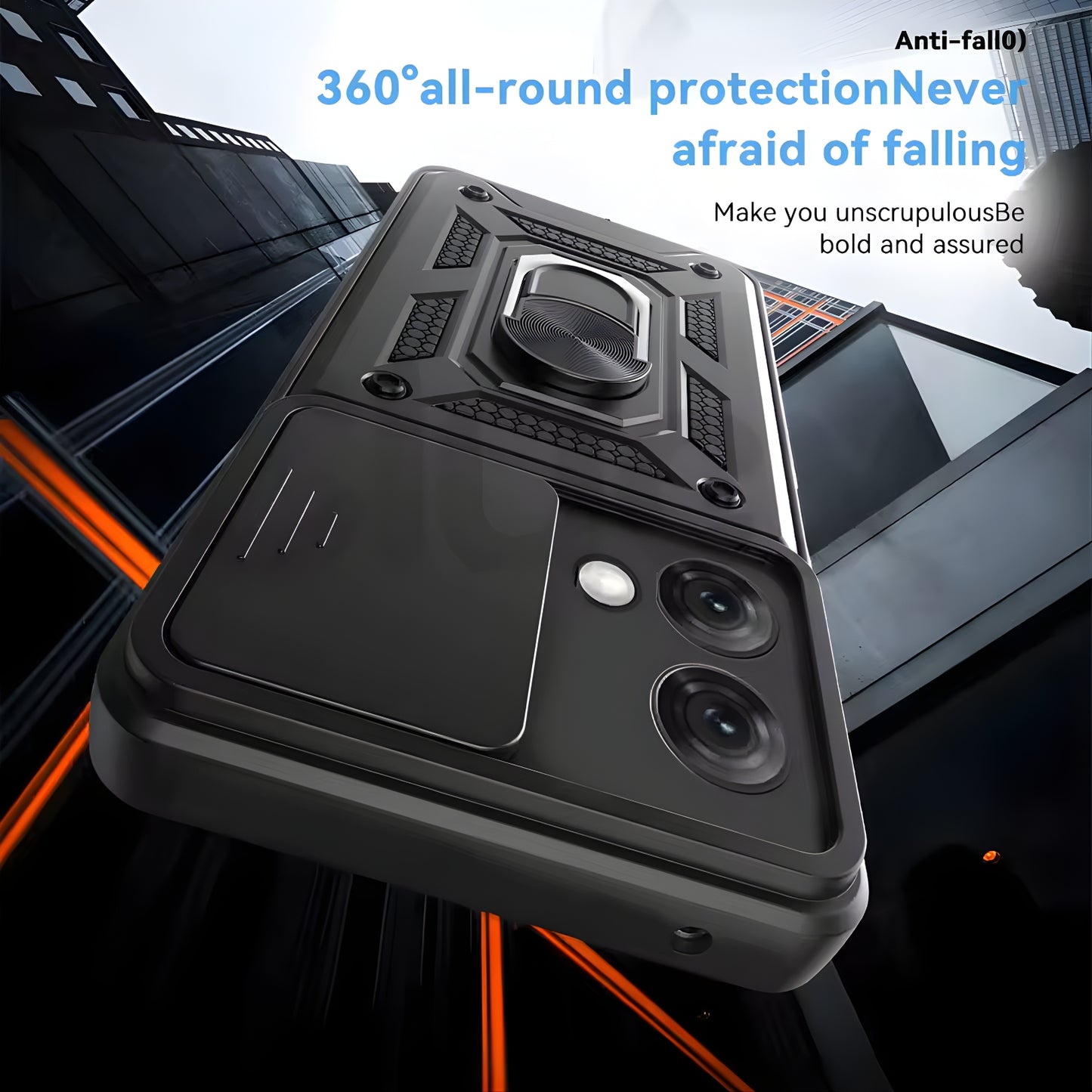 Black moto phone case with 360-degree protection features on a blurred background