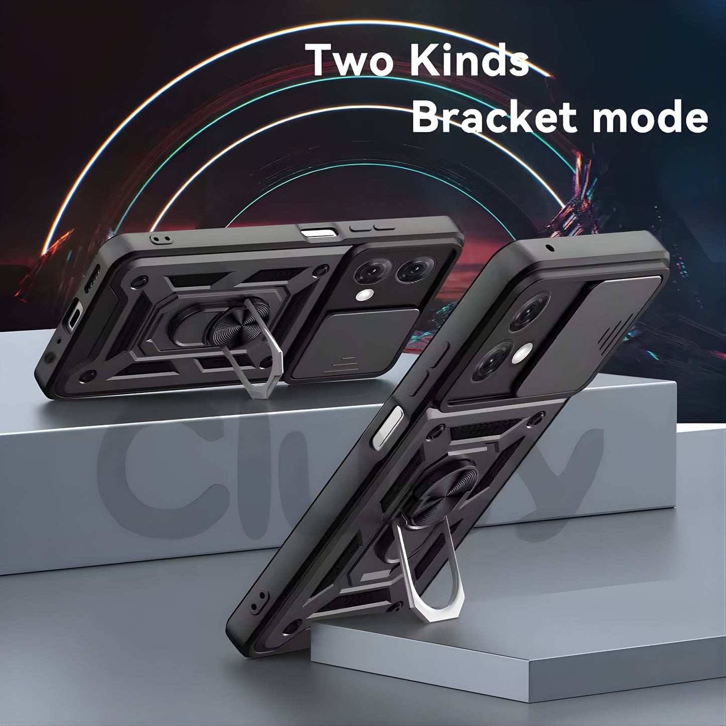 Two black moto phone cases with bracket mode feature on a gray surface with a colorful abstract background.