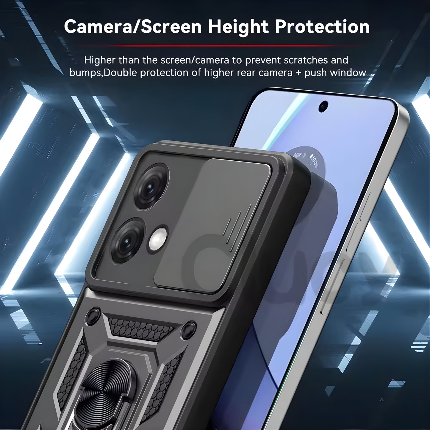 Moto phone case with camera and screen height protection feature on a dark background