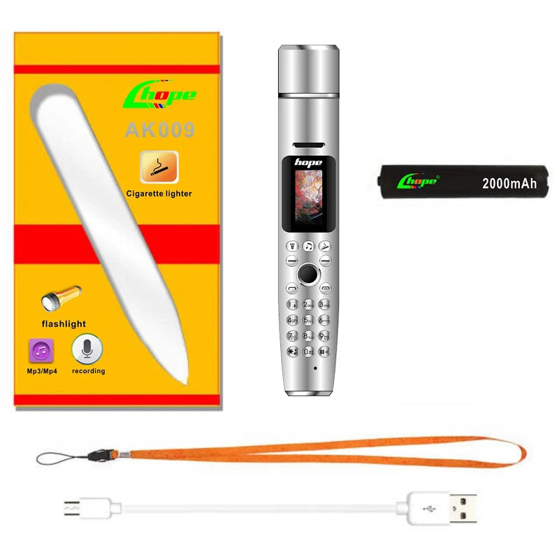 Multifunction novelty phone with built-in lighter, Bluetooth, flashlight, MP3/MP4 player, and voice changer.