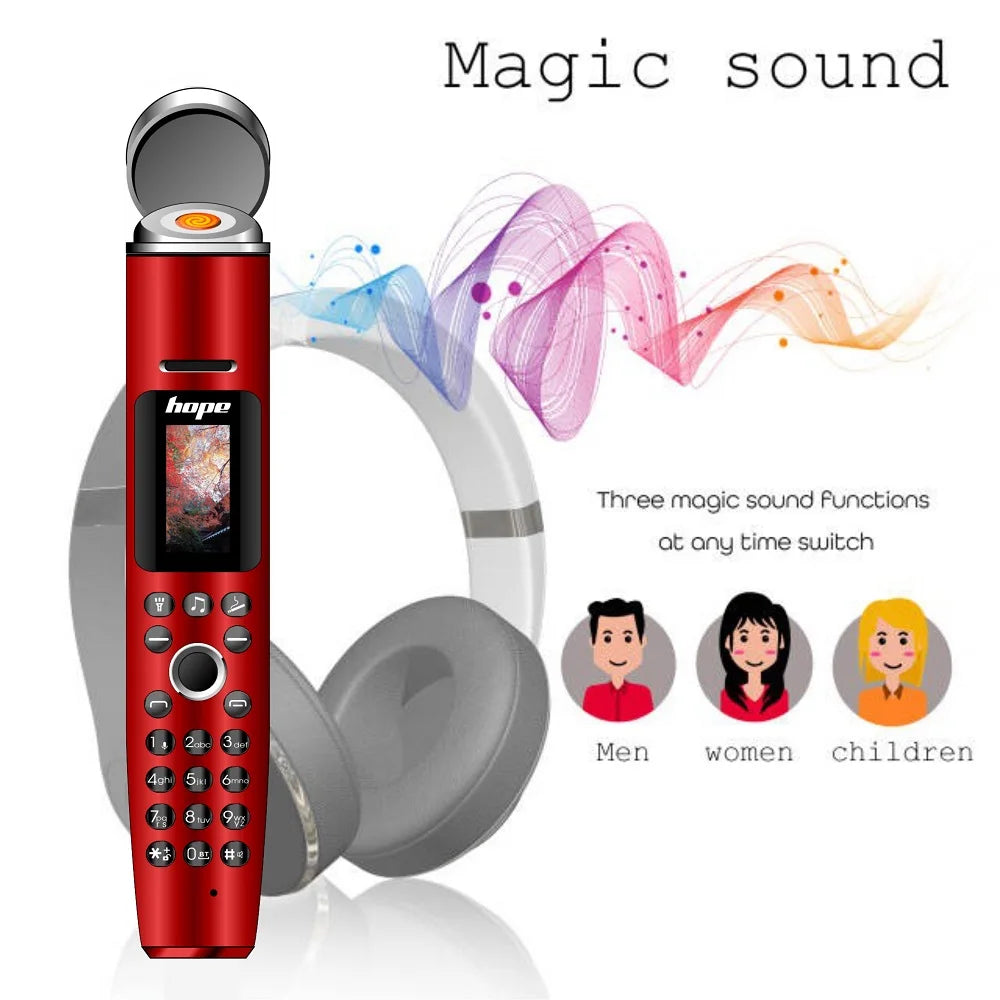 Multifunction novelty phone with built-in lighter, Bluetooth, flashlight, MP3/MP4 player, and voice changer.