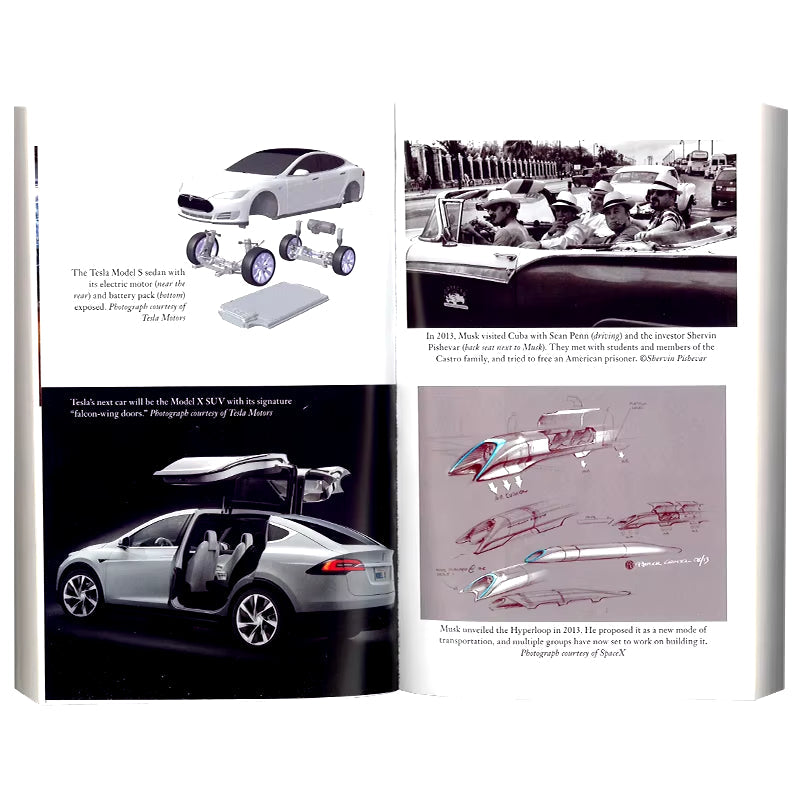Page from the book 'Elon Musk: Tesla, SpaceX, and the Quest for a Fantastic Future' by Ashlee Vance, featuring a photos of Elon Musk and the evolution of Tesla vehicles from various times of Musk's past through childhood to business and modern Tesla cars and SpaceX origins.