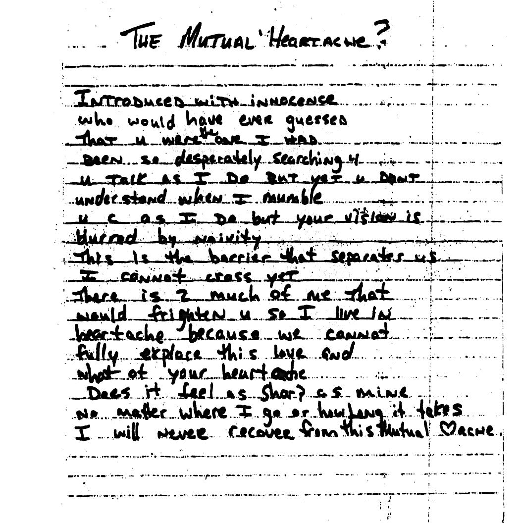 Handwritten poem titled "The Mutual Heartache?" written by Tupac Shakur from the Poetry Book Collection "The Rose that Grew from Concrete" by 2Pac Amaru Shakur.