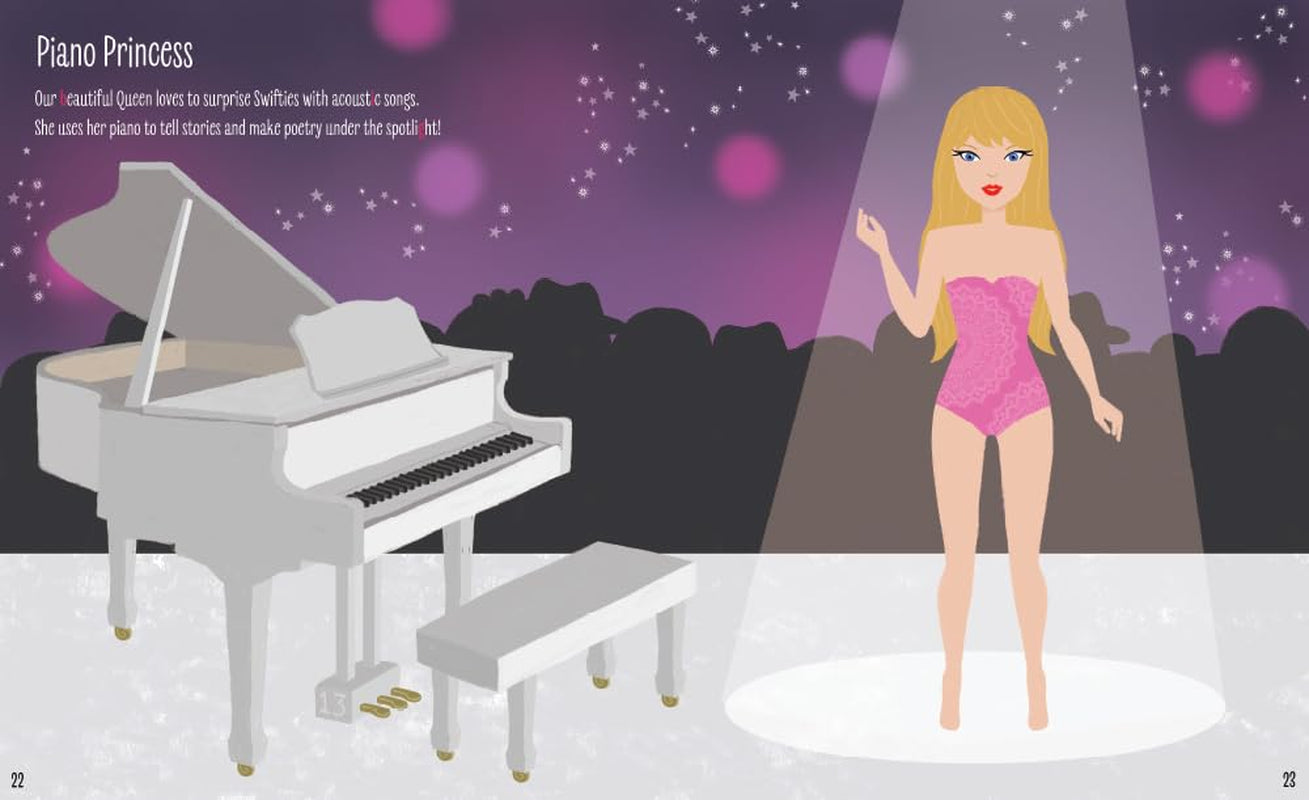 Page from book 'Swifties: My Taylor Swift Sticker Dress-Up | Fun & Creative Activity Book [ISBN: 9781464229893]' by Louise Anglicas, featuring cartoon images of Taylor Swift and Swifties.