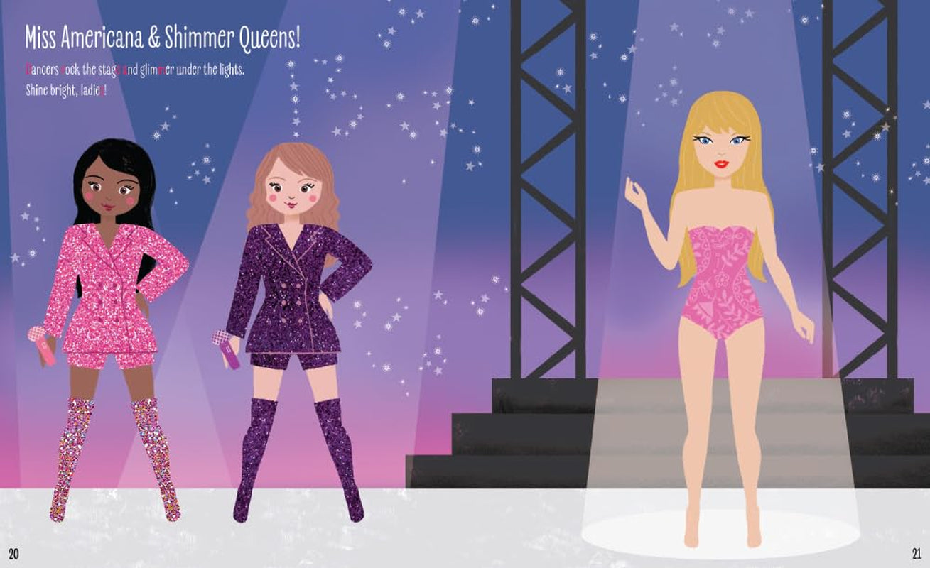 Page from book 'Swifties: My Taylor Swift Sticker Dress-Up | Fun & Creative Activity Book [ISBN: 9781464229893]' by Louise Anglicas, featuring cartoon images of Taylor Swift and Swifties.