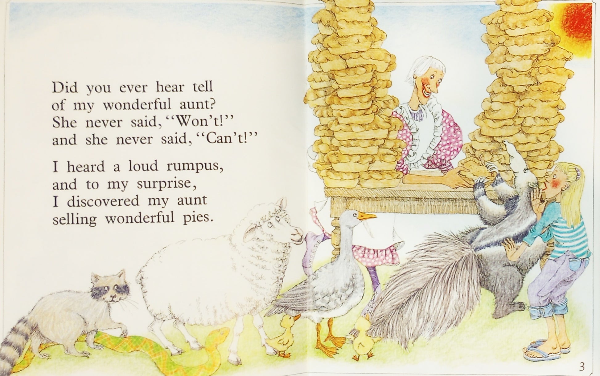 Illustration from a children's book with animals and a character selling pies.