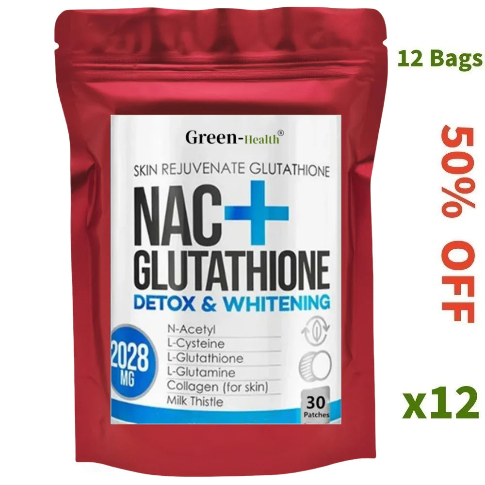 Red package of NAC + Glutathione with promotional text on a white background