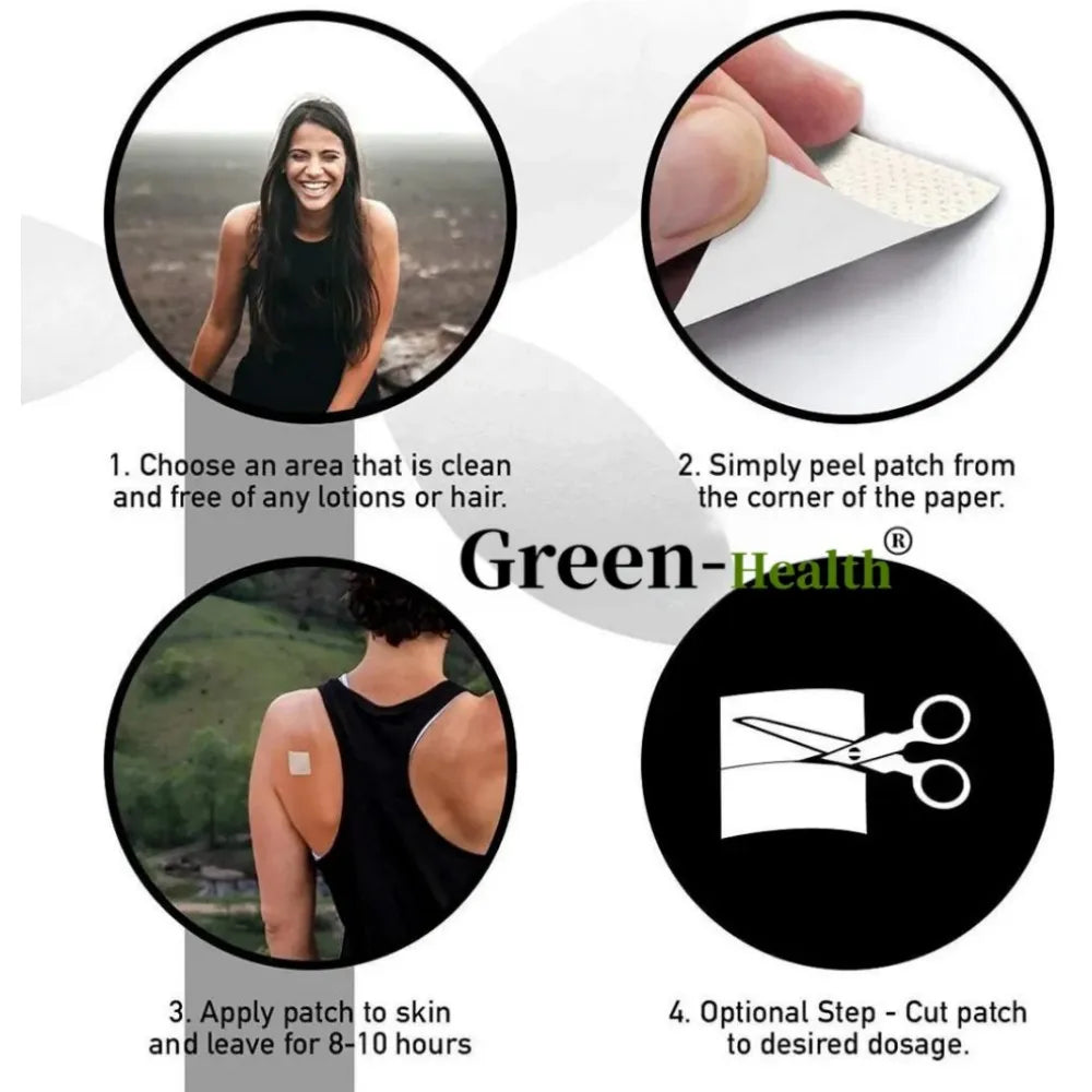Instructions for using a NAC Green-Health patch with images of a woman applying it, peeling the patch, and wearing it.