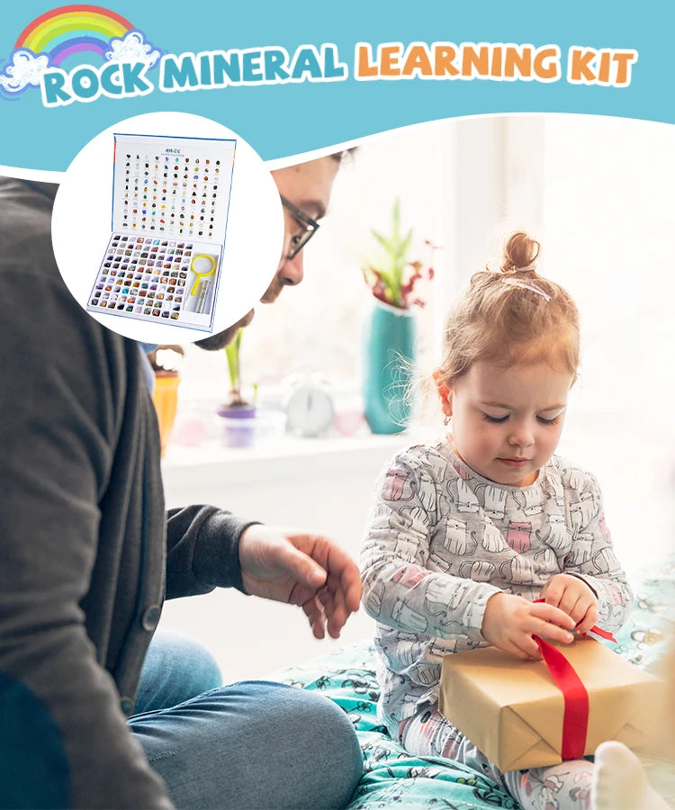 Child and adult sitting together with a 'Rocks & Mineral Learning Kit' displayed.